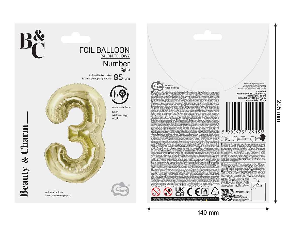 Balon foliowy B&C, cyfra 3, szampańska, 85 cm AA